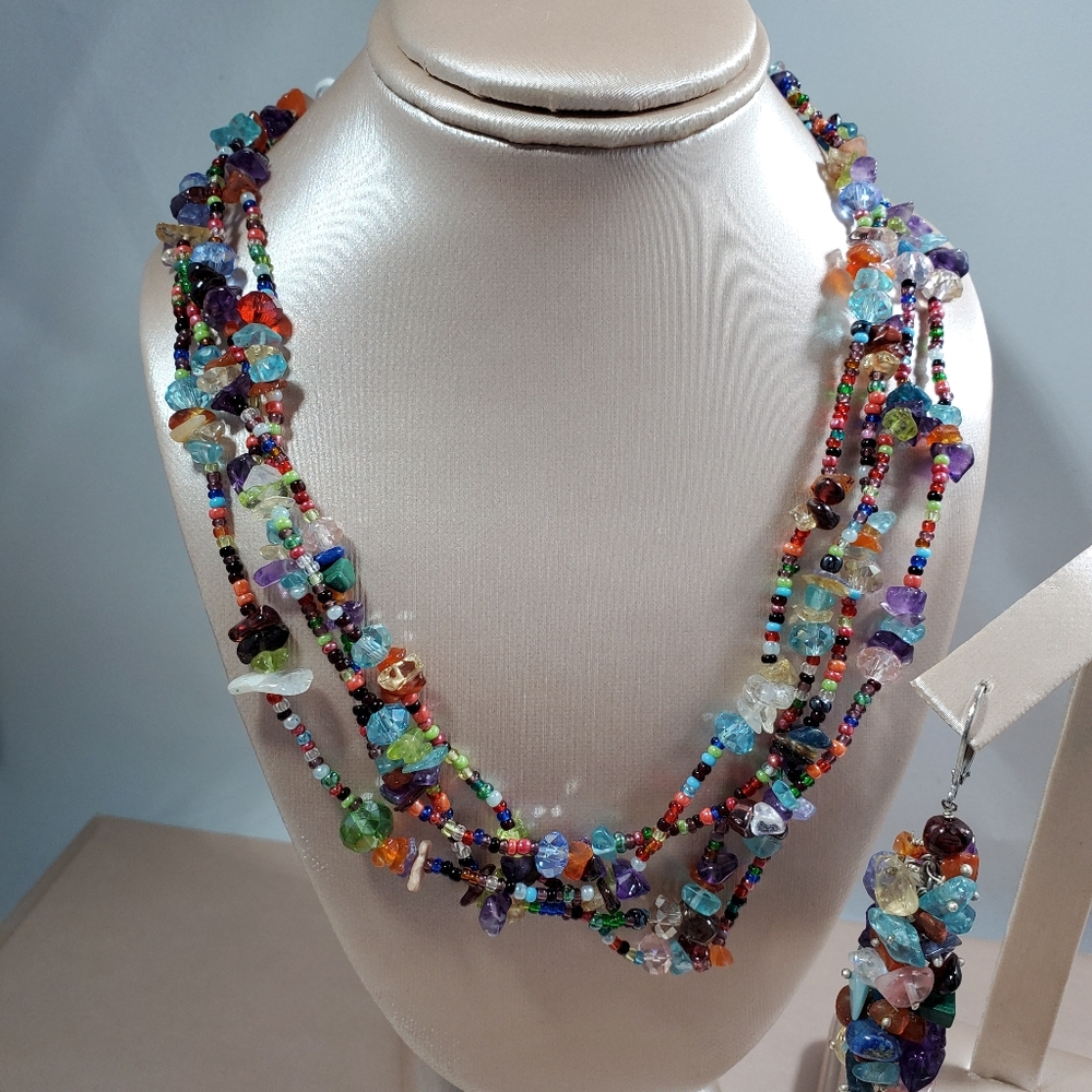 Multi Colored 4 Stranded Necklace Set - image 2